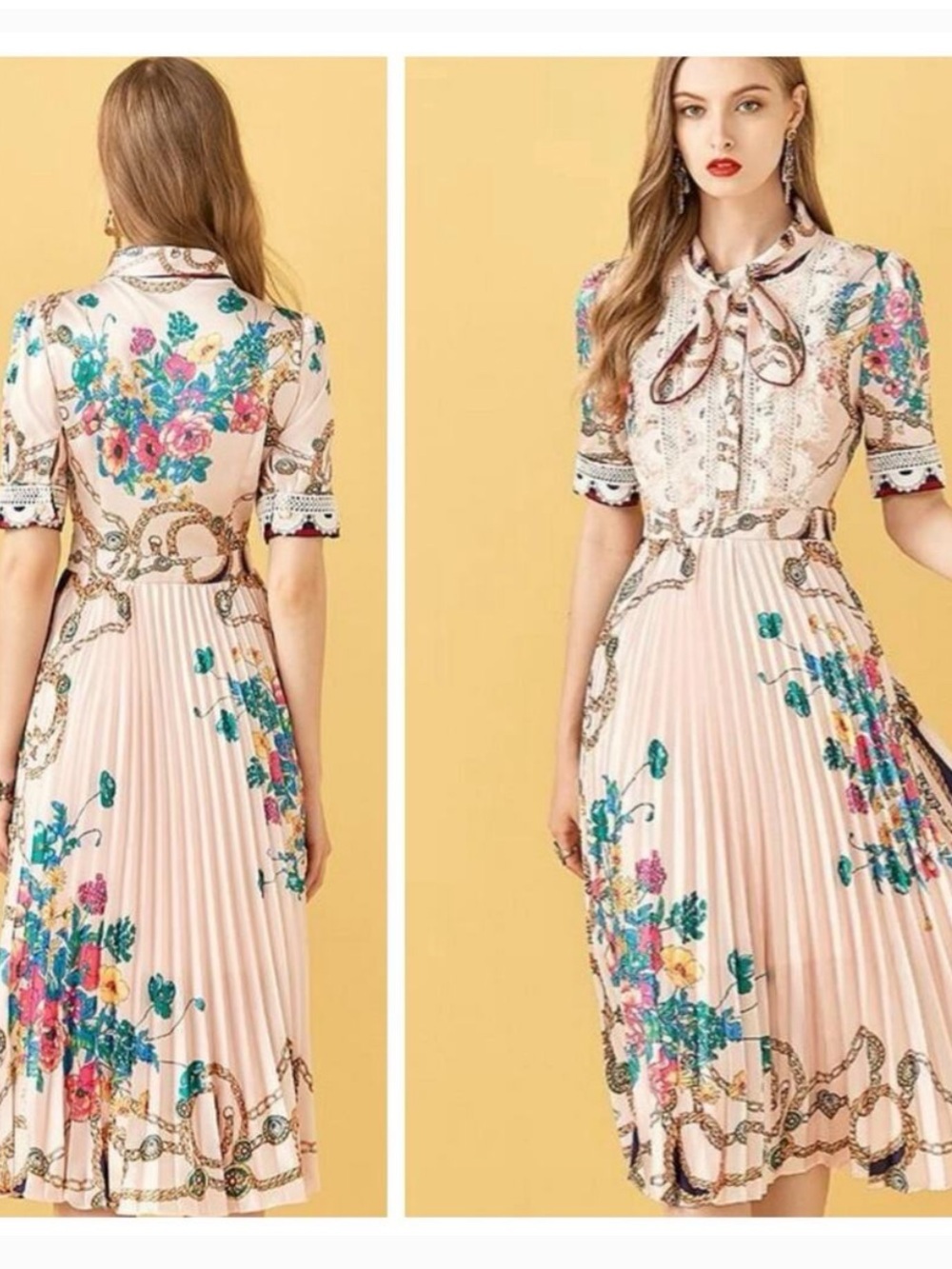 DALIA MCPHEE womens floral retro Pink Bow Detail Print midi short sleeve Dress s